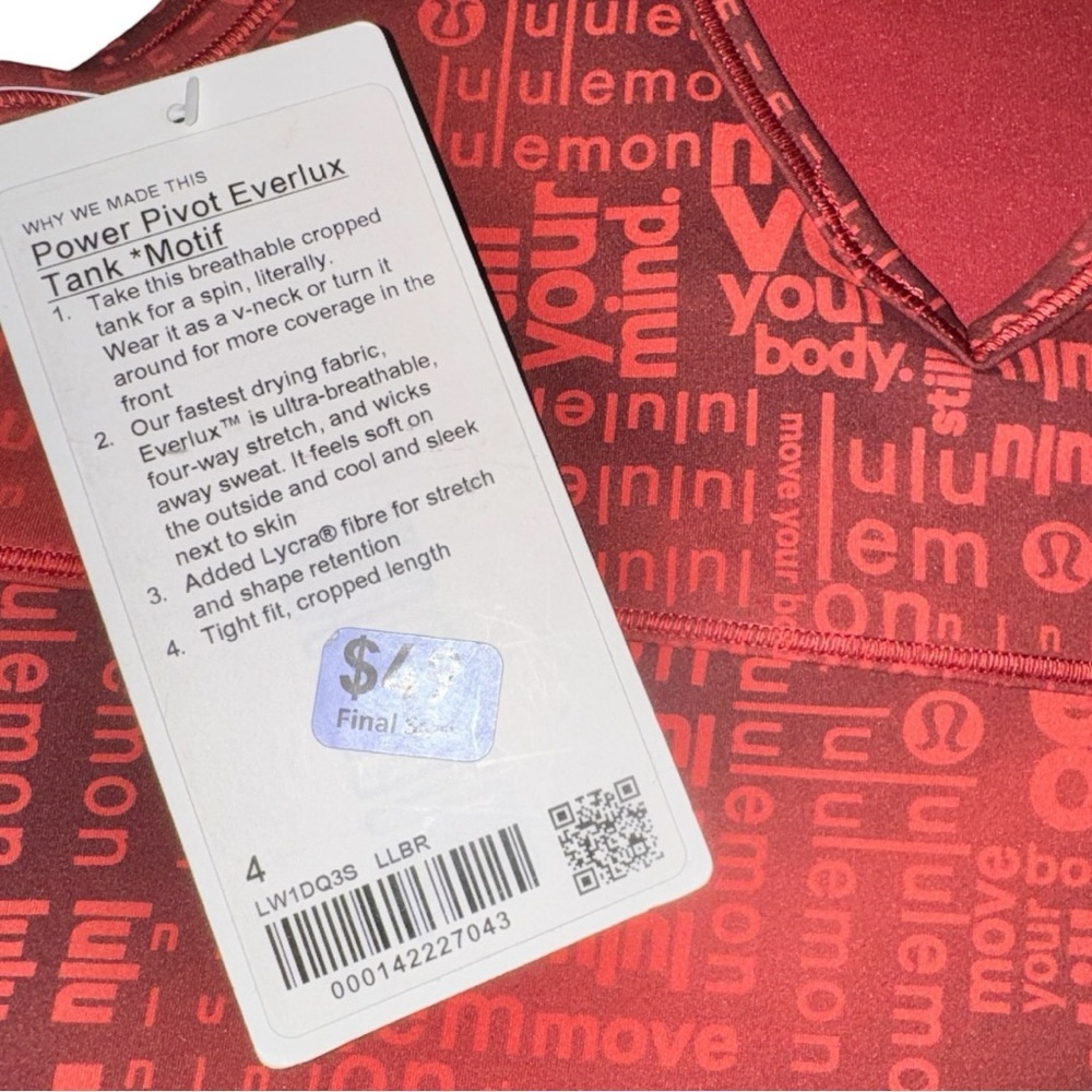 Lululemon Power Pivot Everlux Tank Ombre Red Multi Size 4 Reversible - Picture 9 of 9